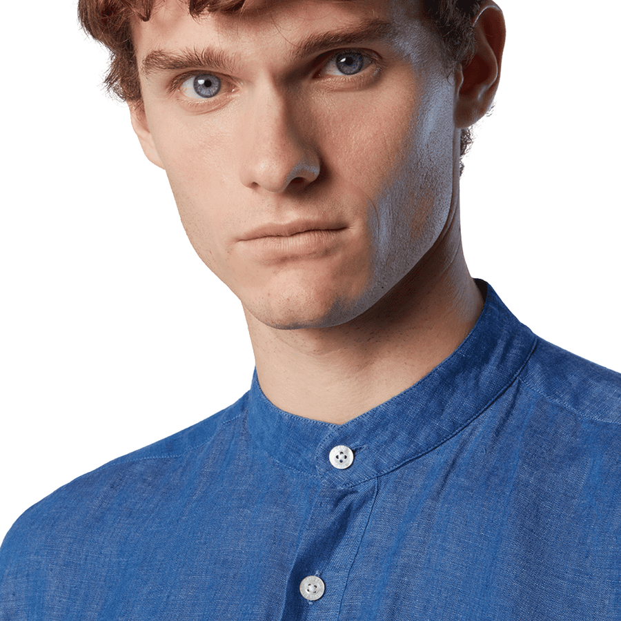 Camisa Lino Cuello Mao Dark Denim