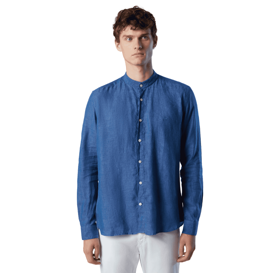 Camisa Lino Cuello Mao Dark Denim