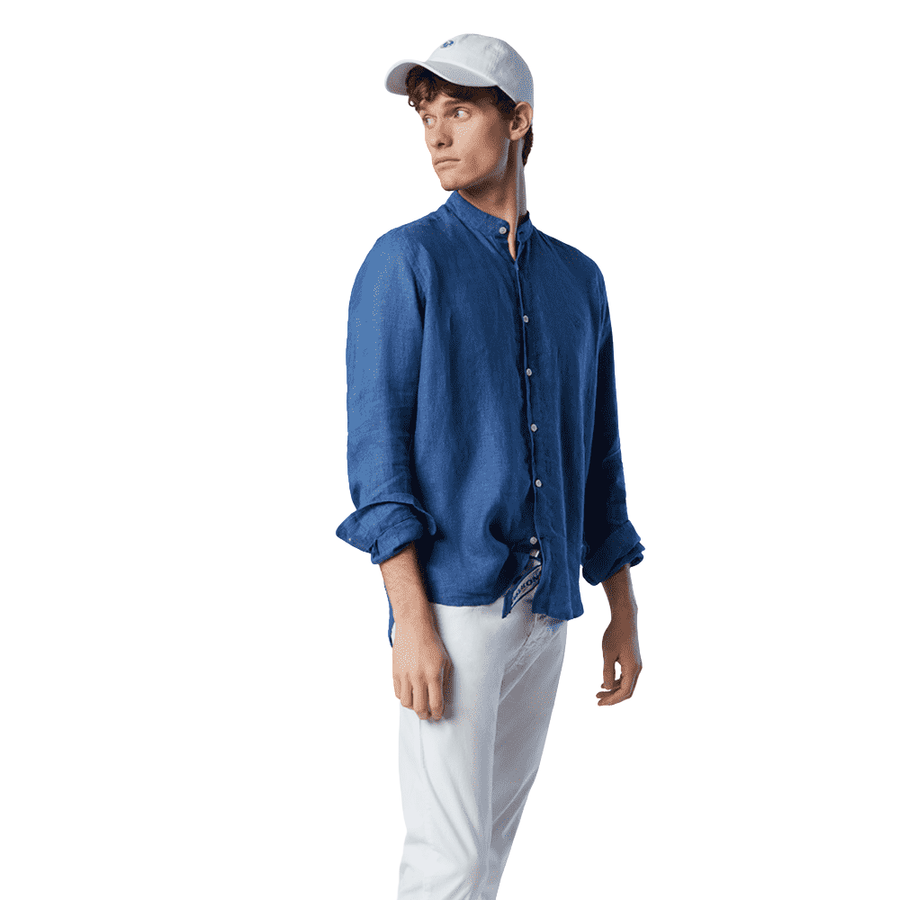 Camisa Lino Cuello Mao Dark Denim